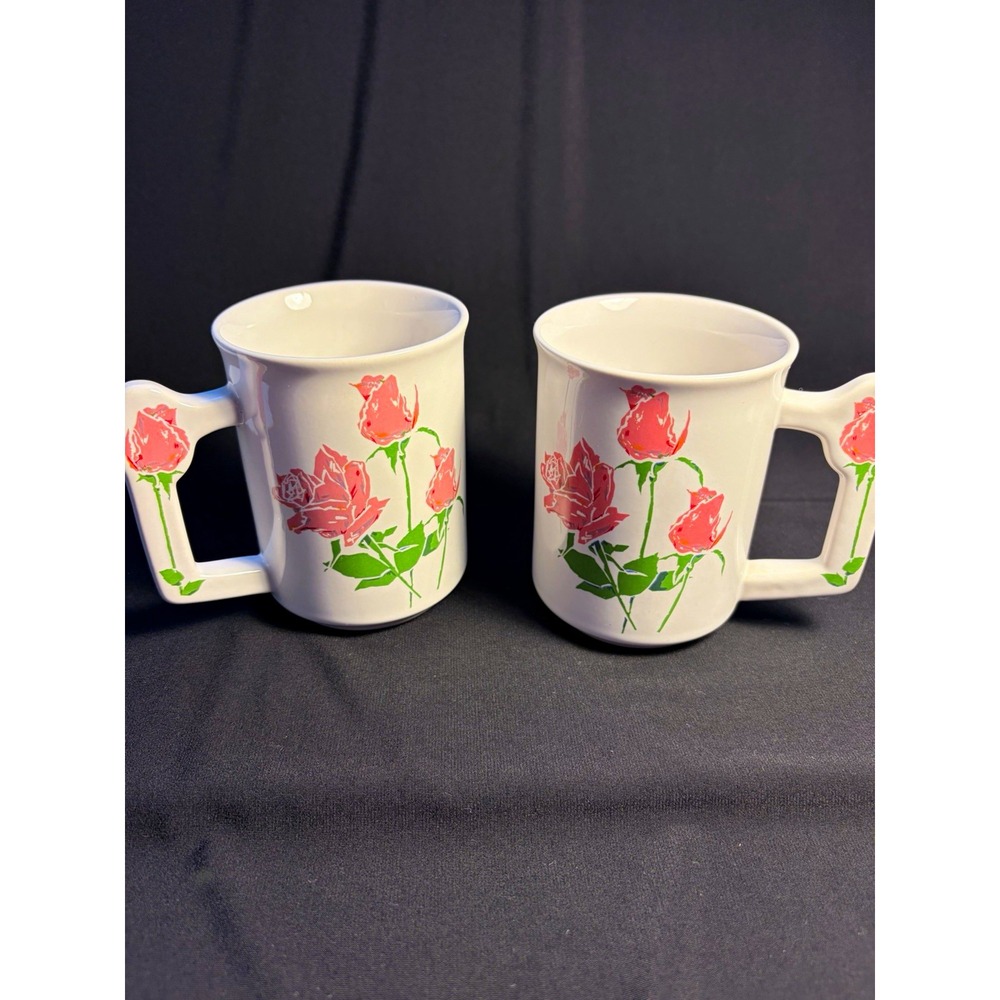 Vintage 1986 The Love Mug Inc. Style FLM-500 Pink Rose Mugs - Matching Pair."